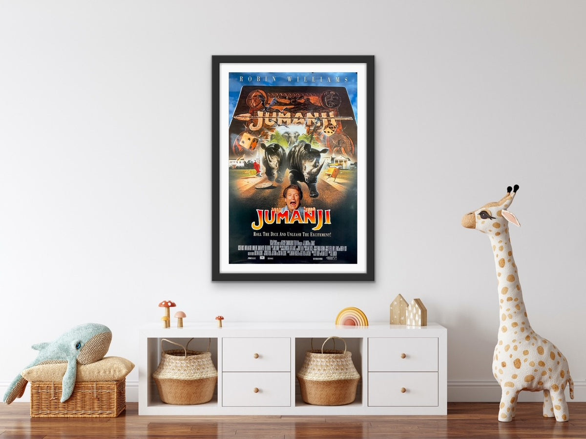 An original movie poster for the Robin Williams film Jumanji
