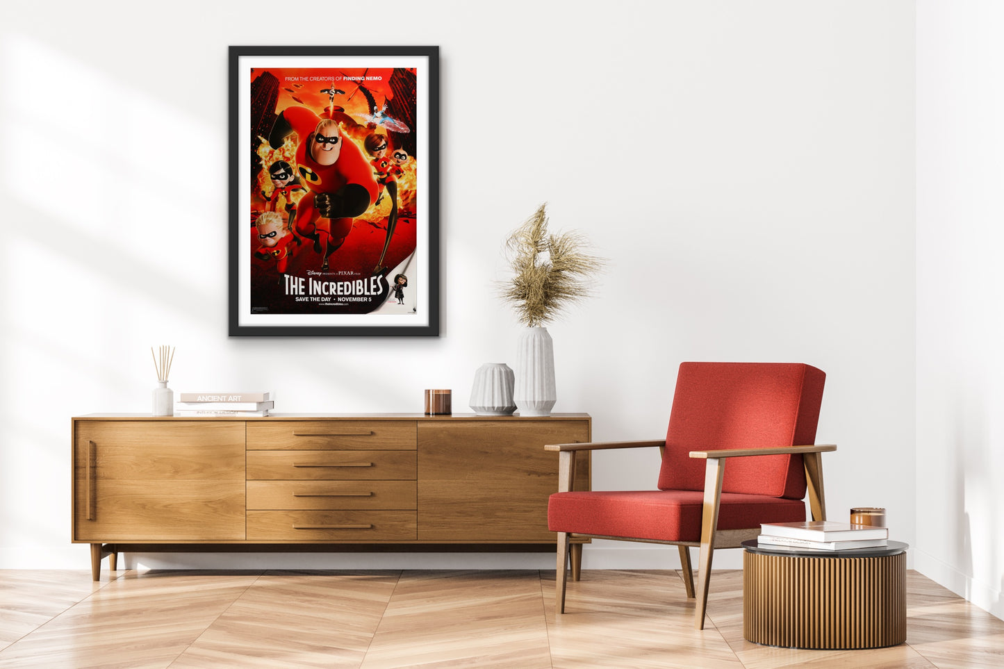 An original movie poster for the Disney Pixar film The Incredibles