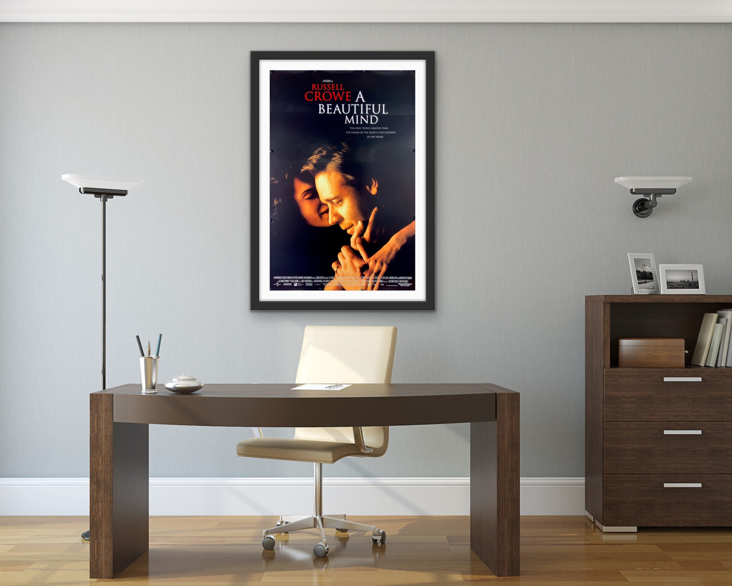 An original movie poster for the Russell Crowe film A Beautiful Mind