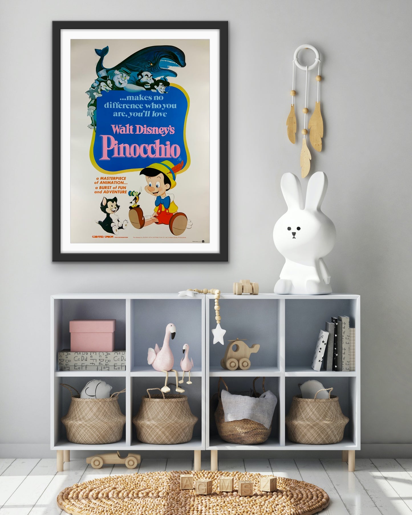 An original movie poster for the Disney animated film Pinocchio