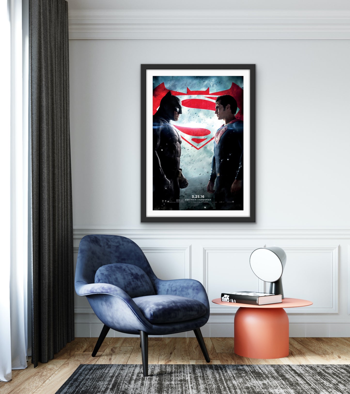 An original movie poster for the film Batman v Superman Dawn of Justice