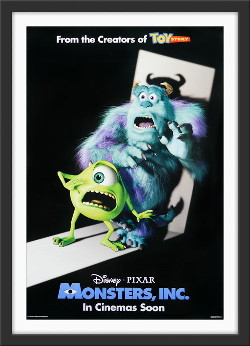 An original movie poster for the Pixar film Monsters Inc