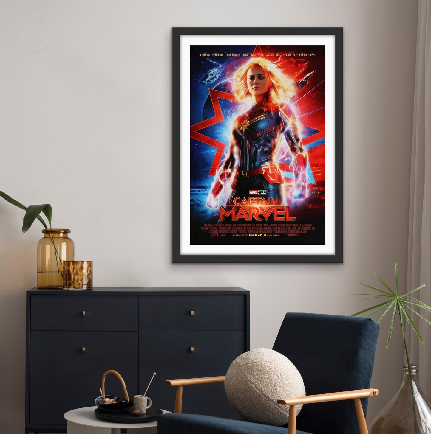 An original movie poster for the MCU film Captain Marvel