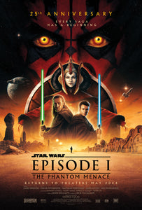 An original movie poster for the 25th Anniversary of the Star Wars film The Phantom Menace with artwork by Matt Ferguson
