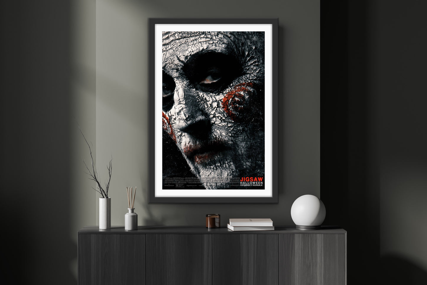 An original movie poster for the Saw film Jigsaw
