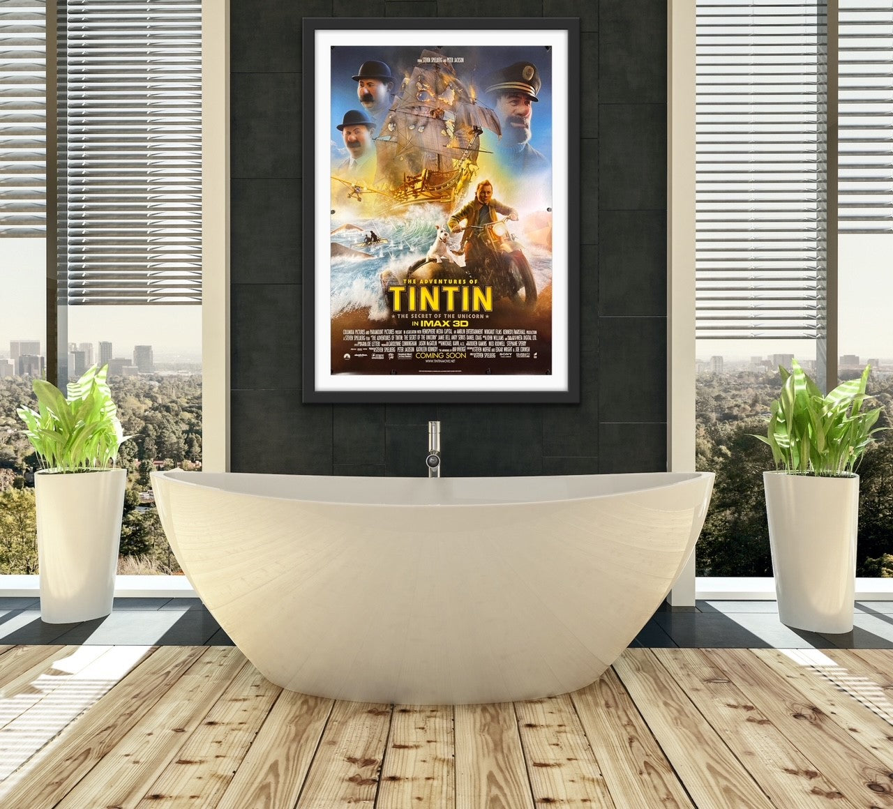 An original movie poster for the film The Adventures of TinTin