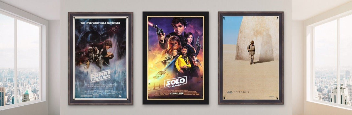 A photo of Three Star Wars Movie / Film posters in a stylish room