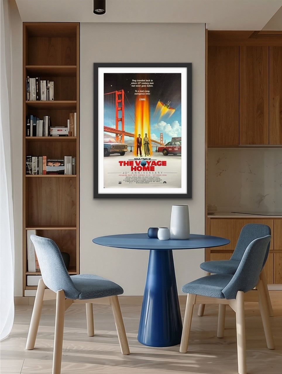 An original movie poster with art by Matt Ferguson for the 40th anniversary release of Star Trek 4, The Voyage Home