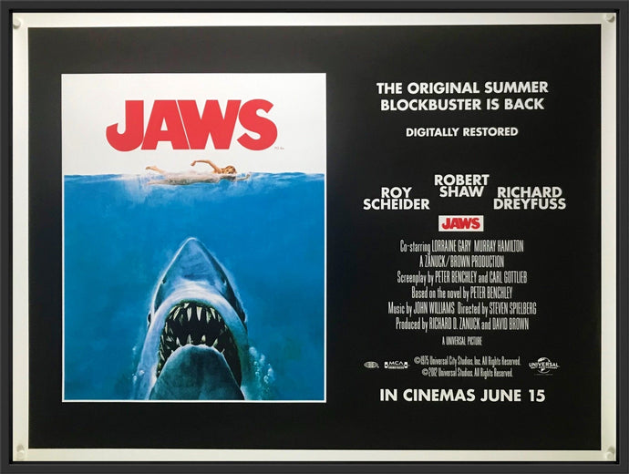 An original movie poster for the Steven Spielberg film Jaws