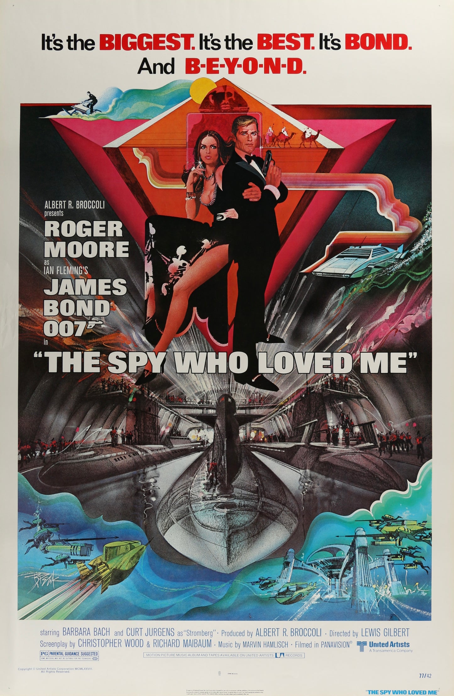 An original movie poster with artwork by Bob Peak for the James Bond film The Spy Who Loved Me