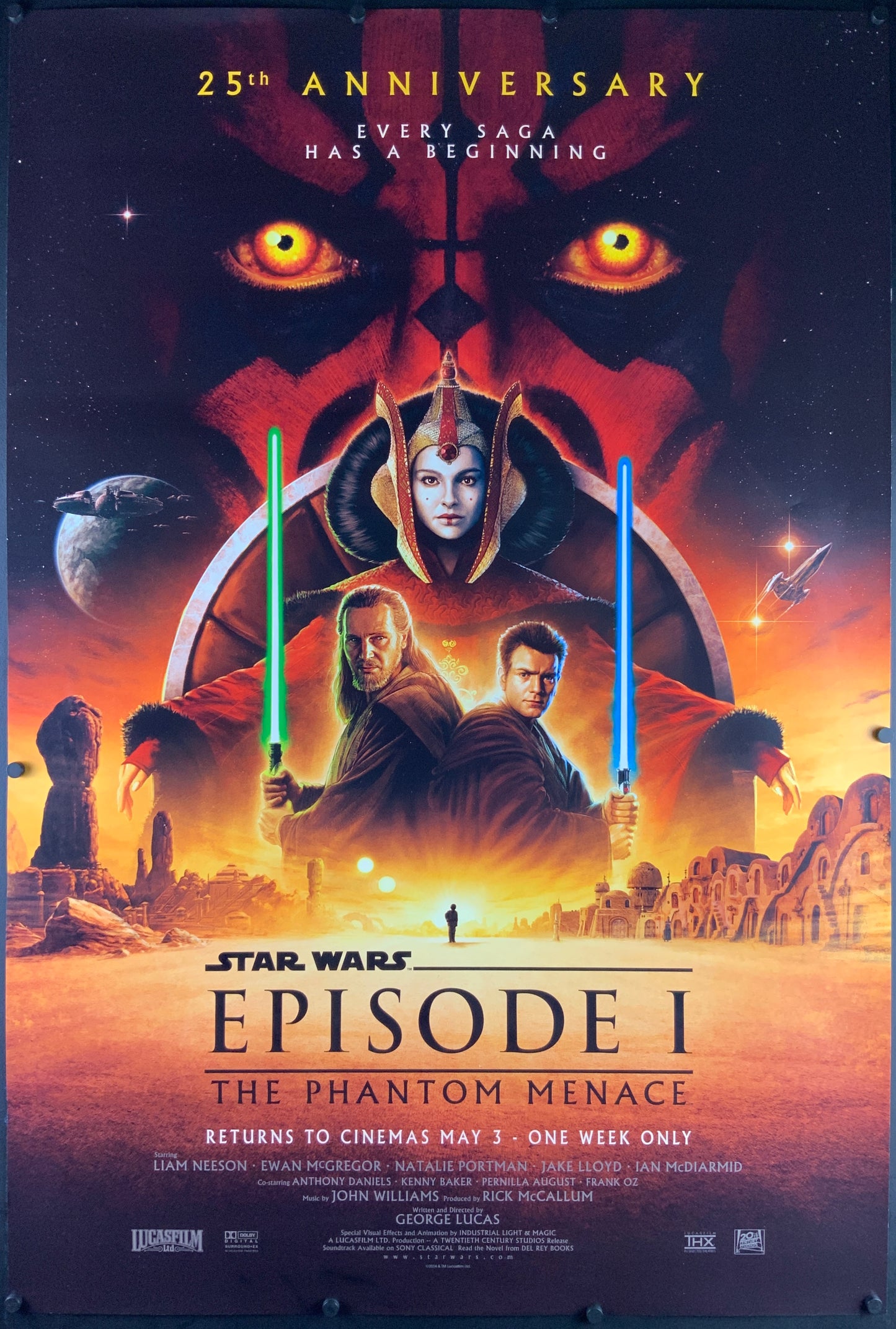 An original movie poster for the 25th Anniversary of the Star Wars film The Phantom Menace
