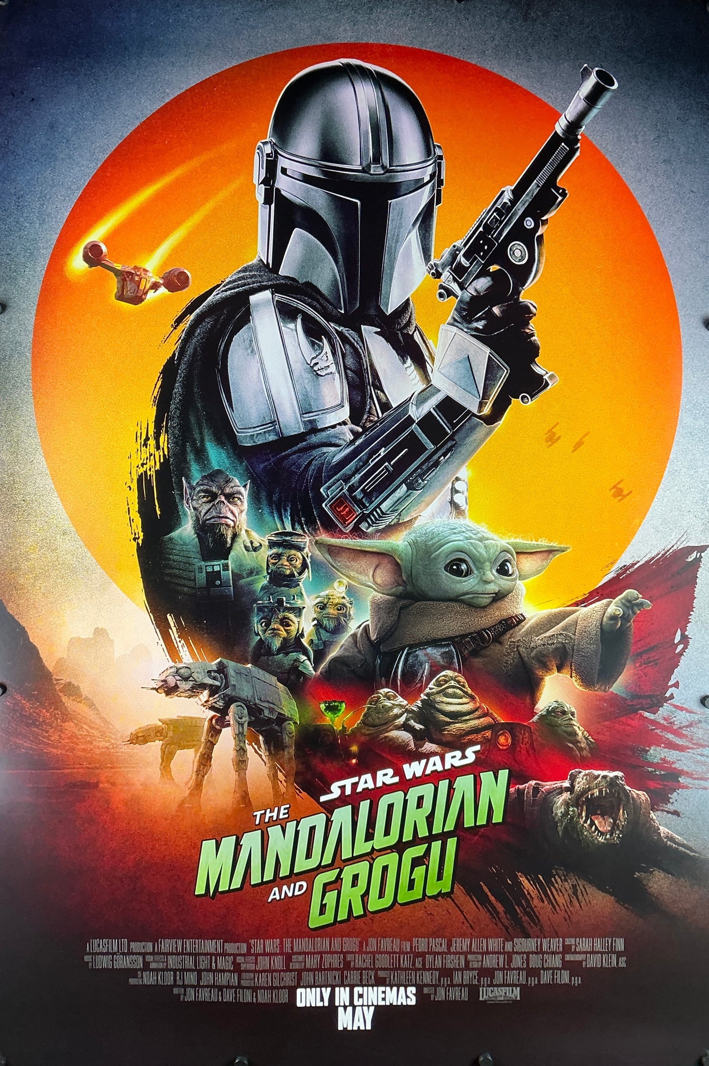 An original movie poster for the Star Wars film The Mandalorian and Grogu