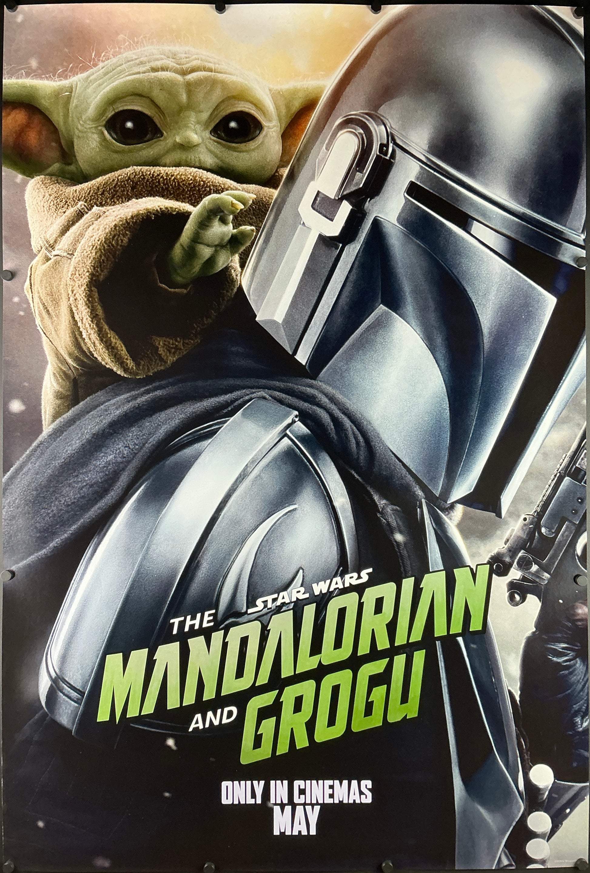 An original movie poster for the Star Wars film The Mandalorian and Grogu