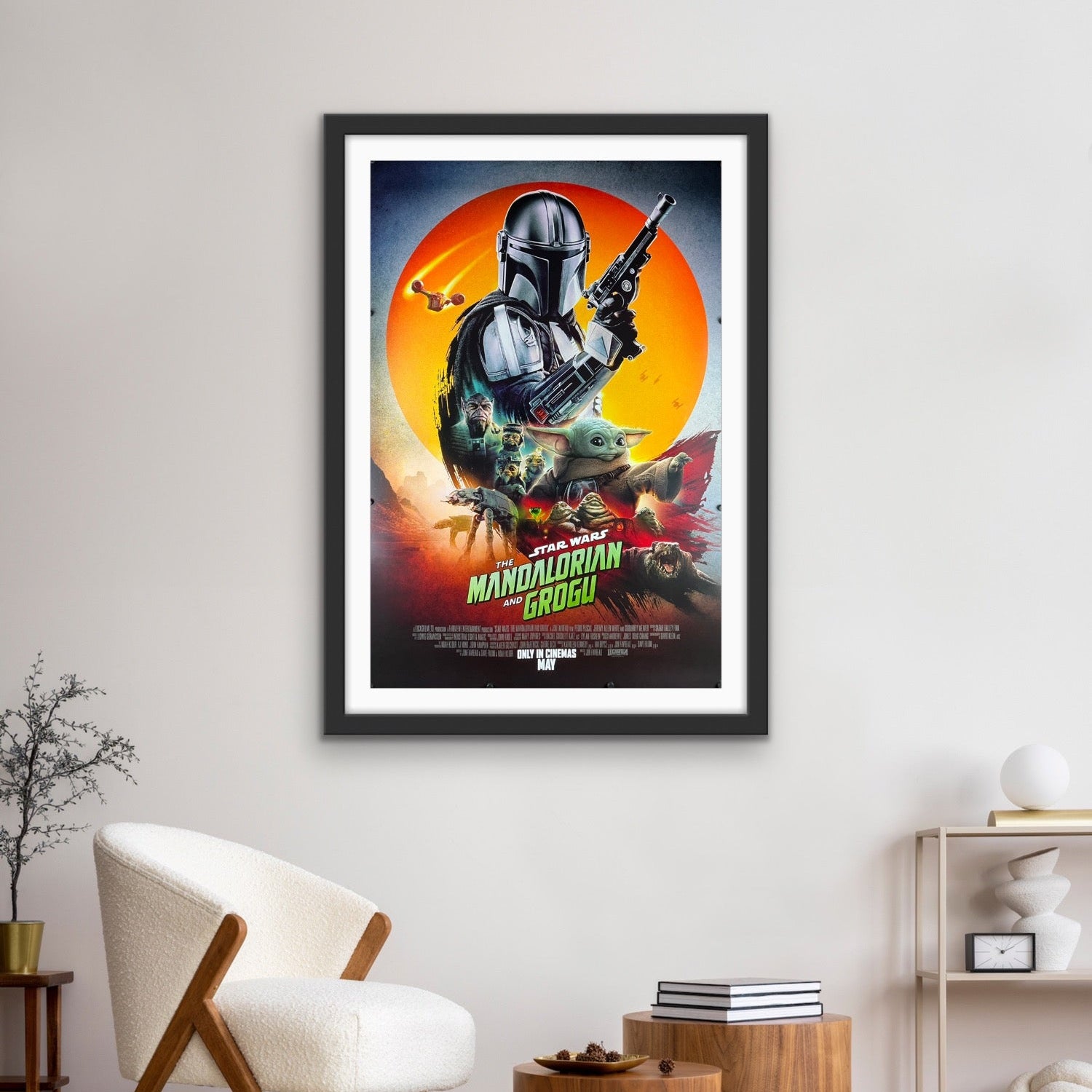 An original movie poster for the Star Wars film The Mandalorian and Grogu