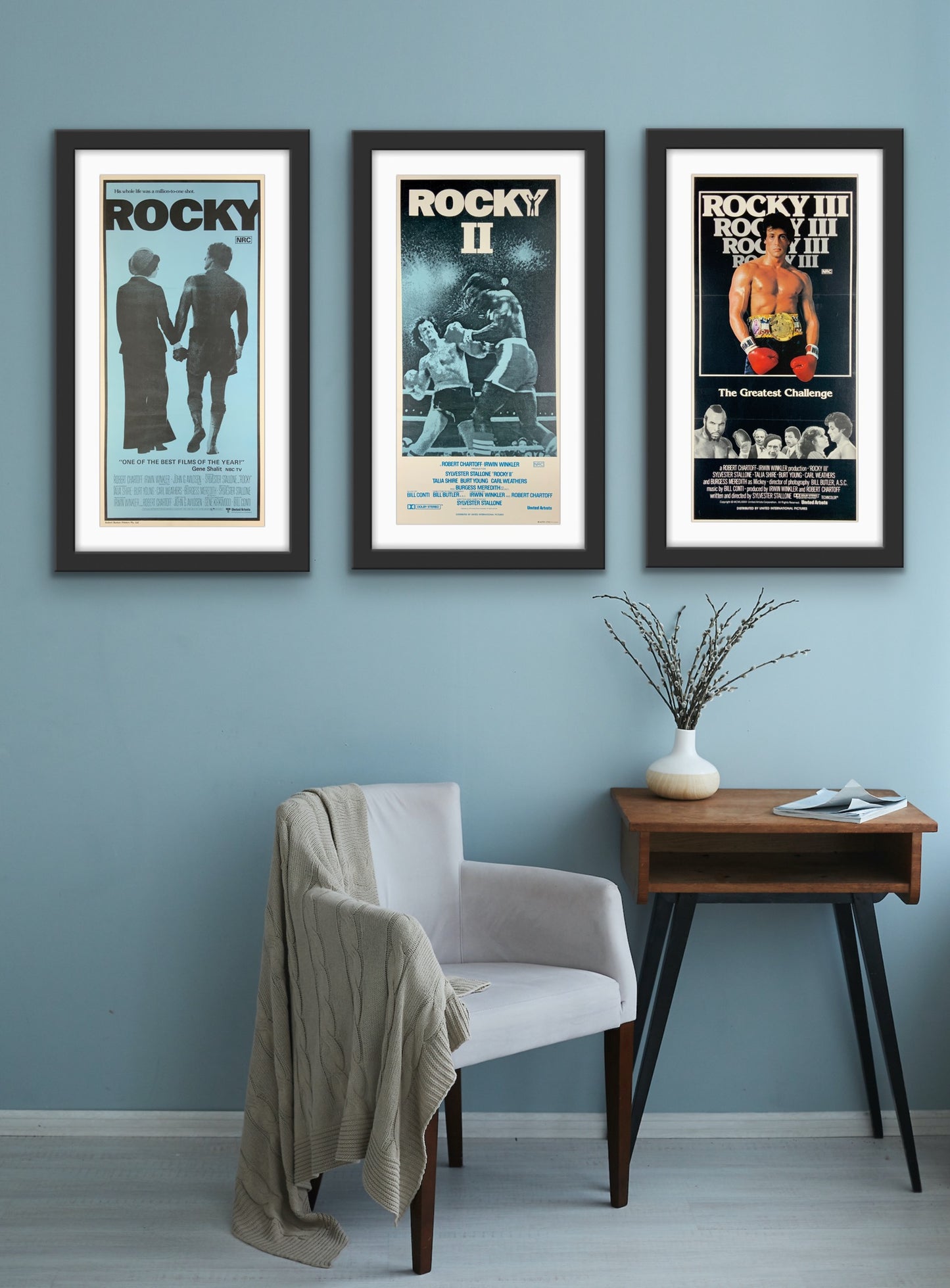 An original trio of original movie posters for the films Rocky, Rocky 2 and Rocky 3