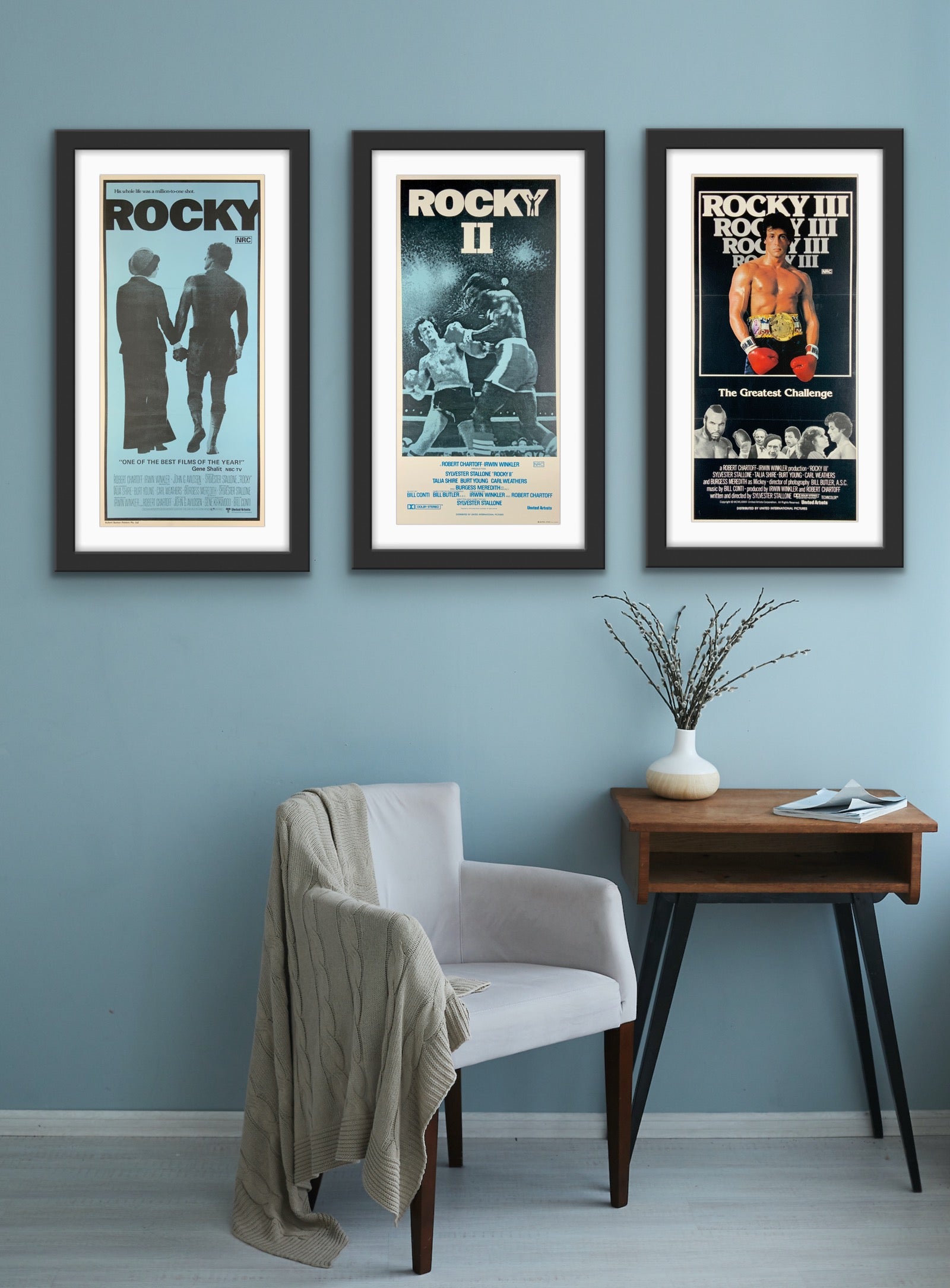 An original trio of original movie posters for the films Rocky, Rocky 2 and Rocky 3