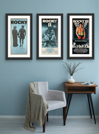 An original trio of original movie posters for the films Rocky, Rocky 2 and Rocky 3