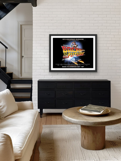 An original movie poster for the 25th Anniversary release of the film Back to the Future