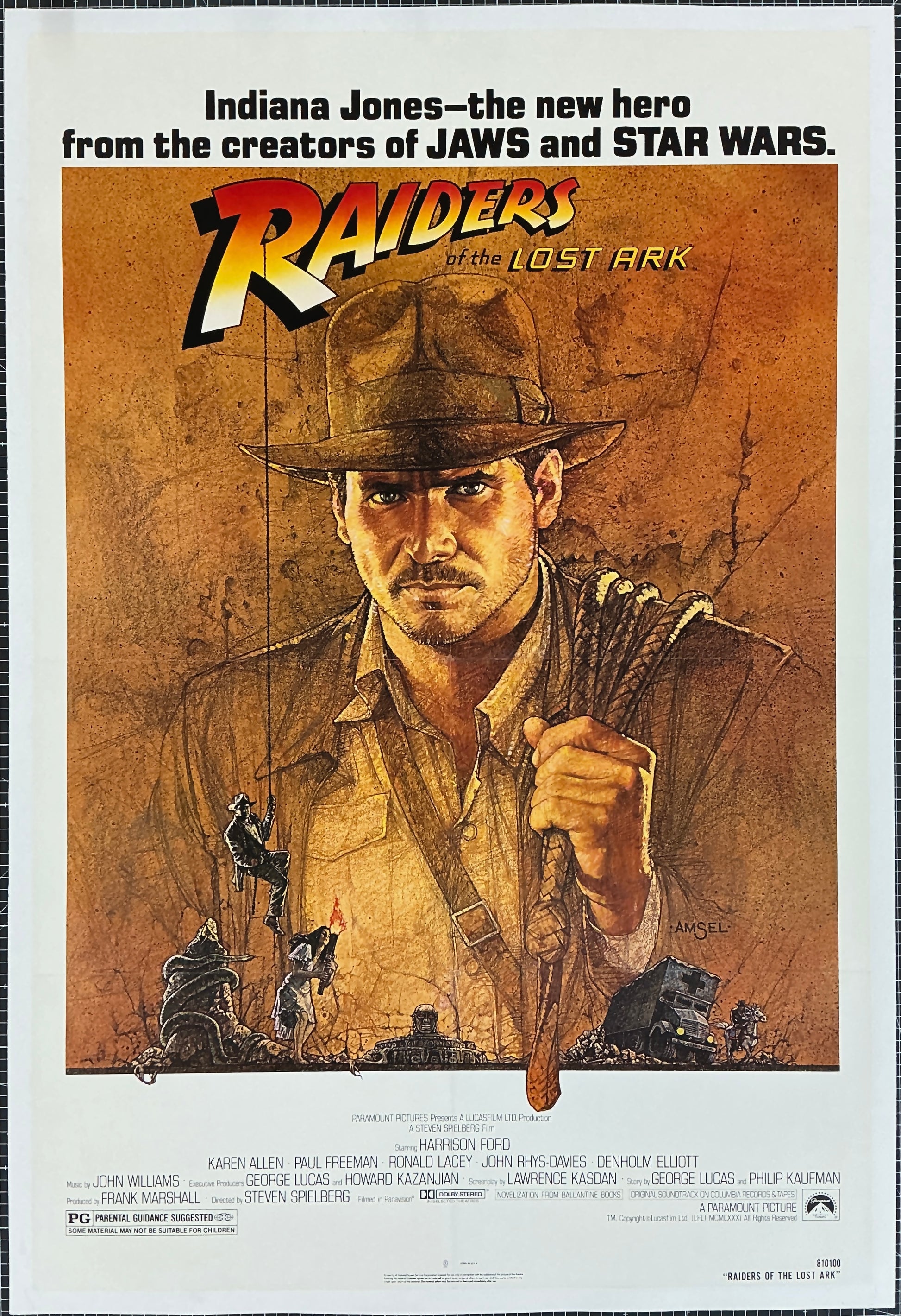 An original movie poster for the Indiana Jones film Raiders of the Lost Ark