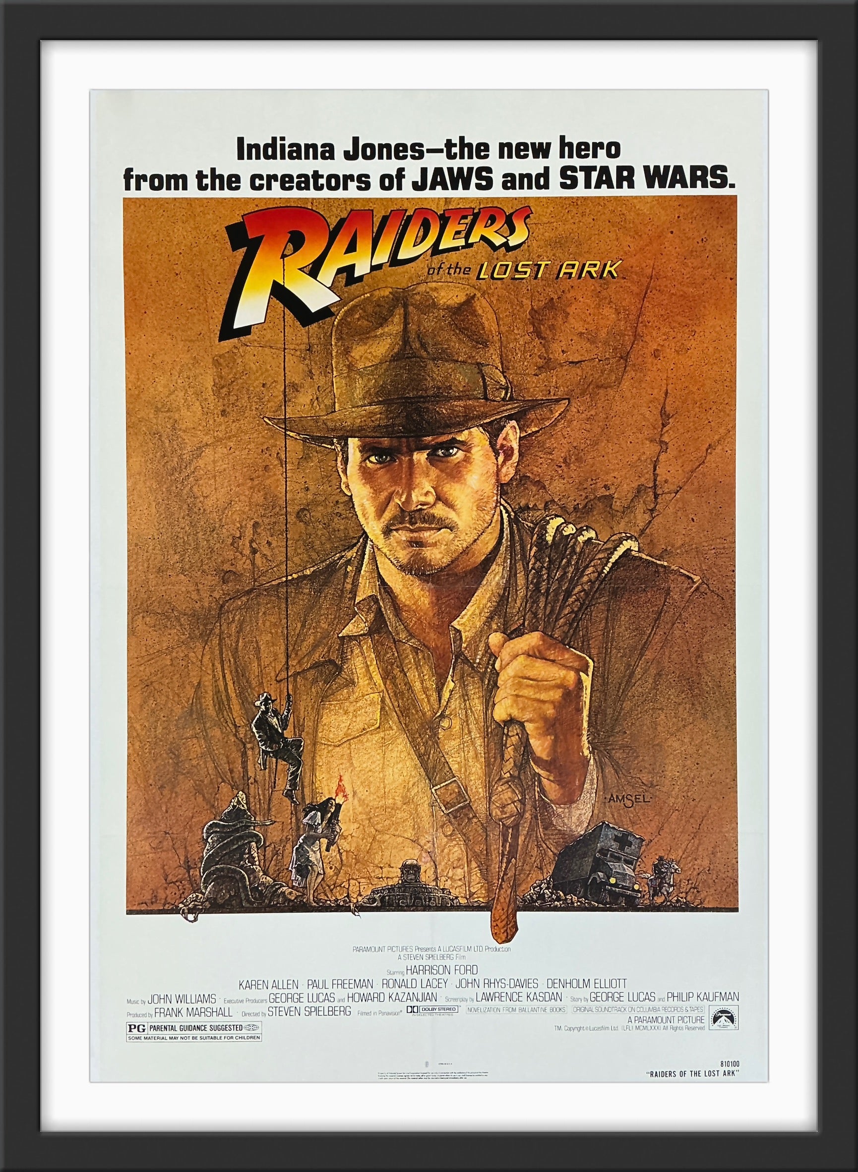 An original movie poster for the Indiana Jones film Raiders of the Lost Ark