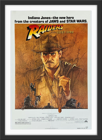 An original movie poster for the Indiana Jones film Raiders of the Lost Ark