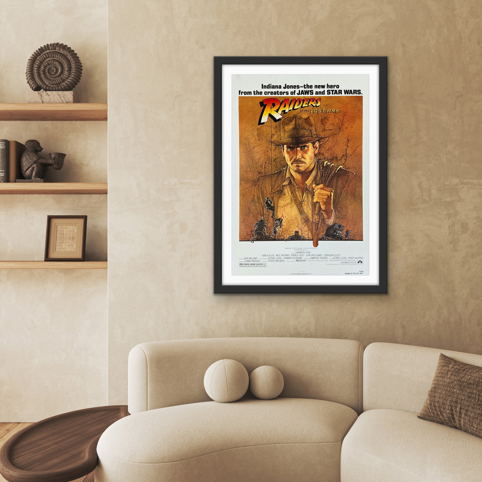 An original movie poster for the Indiana Jones film Raiders of the Lost Ark