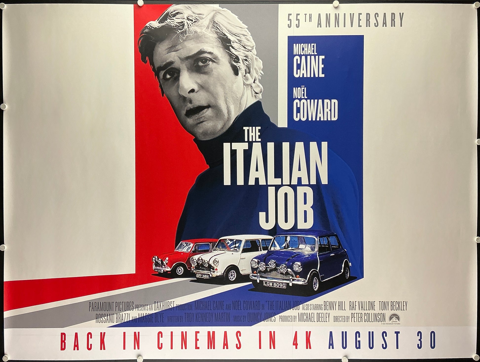 An original U.K. quad 30x40 movie poster for the 2024 55th Anniversary film of the Michael Caine film The Italian Job