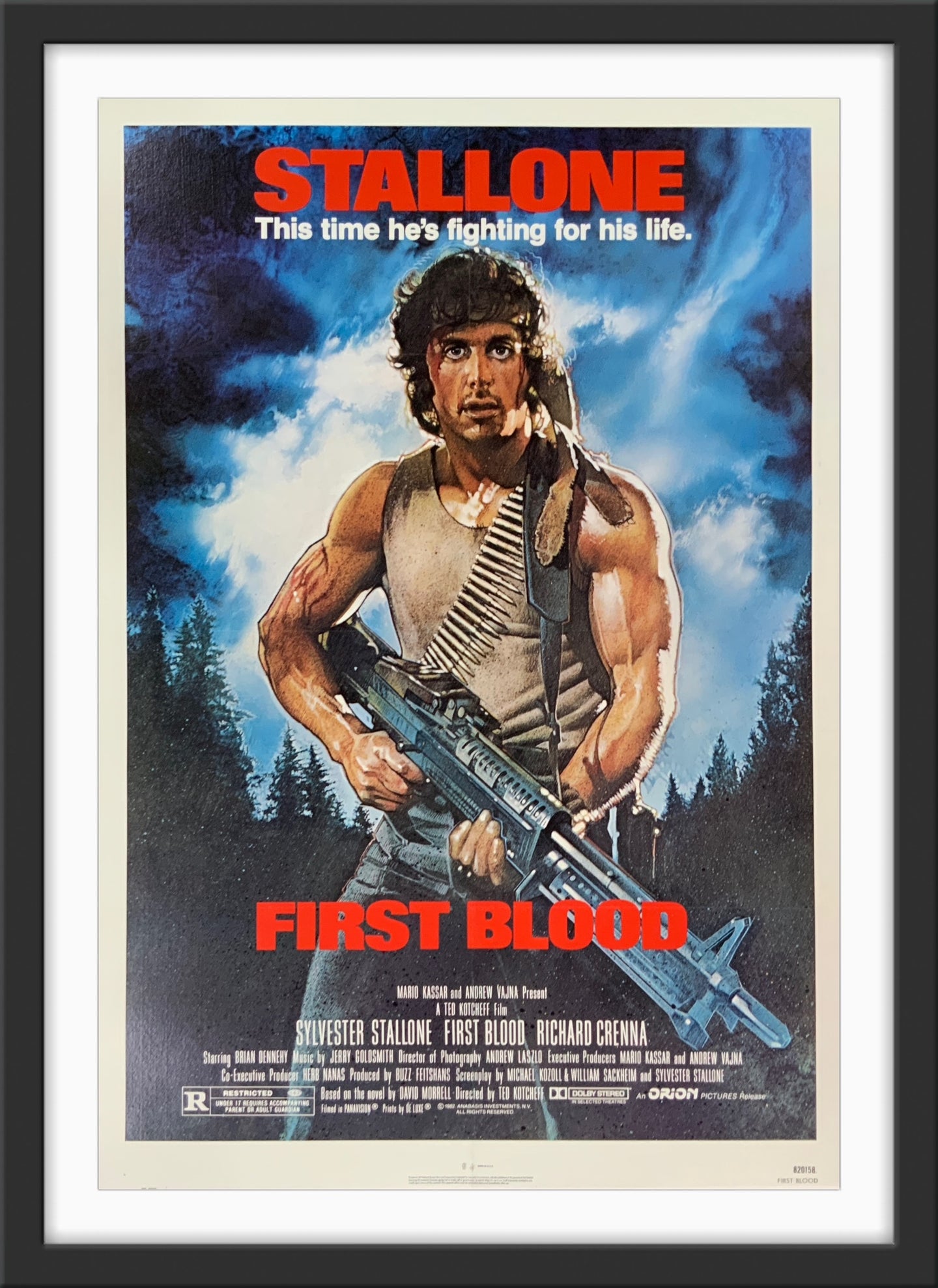 An original movie poster with artwork by Drew Struzan for the Sylvester Stallone film First Blood