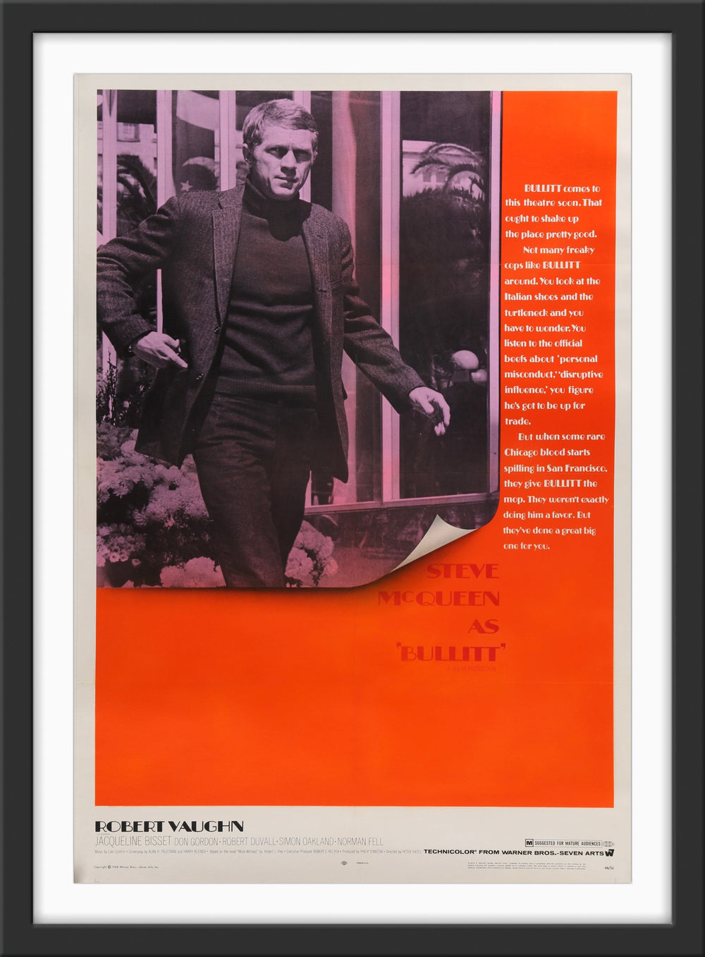 An original movie poster for the Steve McQueen film Bullitt