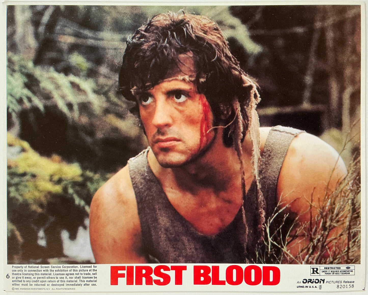 An original 8x10 lobby card for the Sylvester Stallone film First Blood