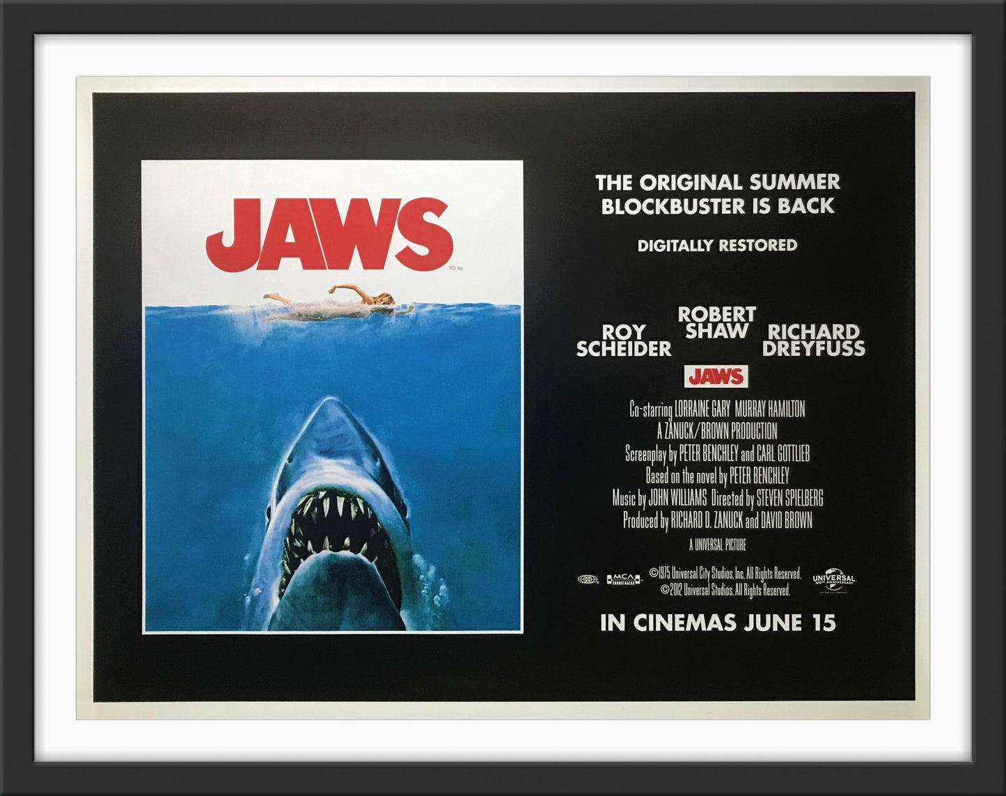 An original movie poster for the Steven Spielberg film Jaws