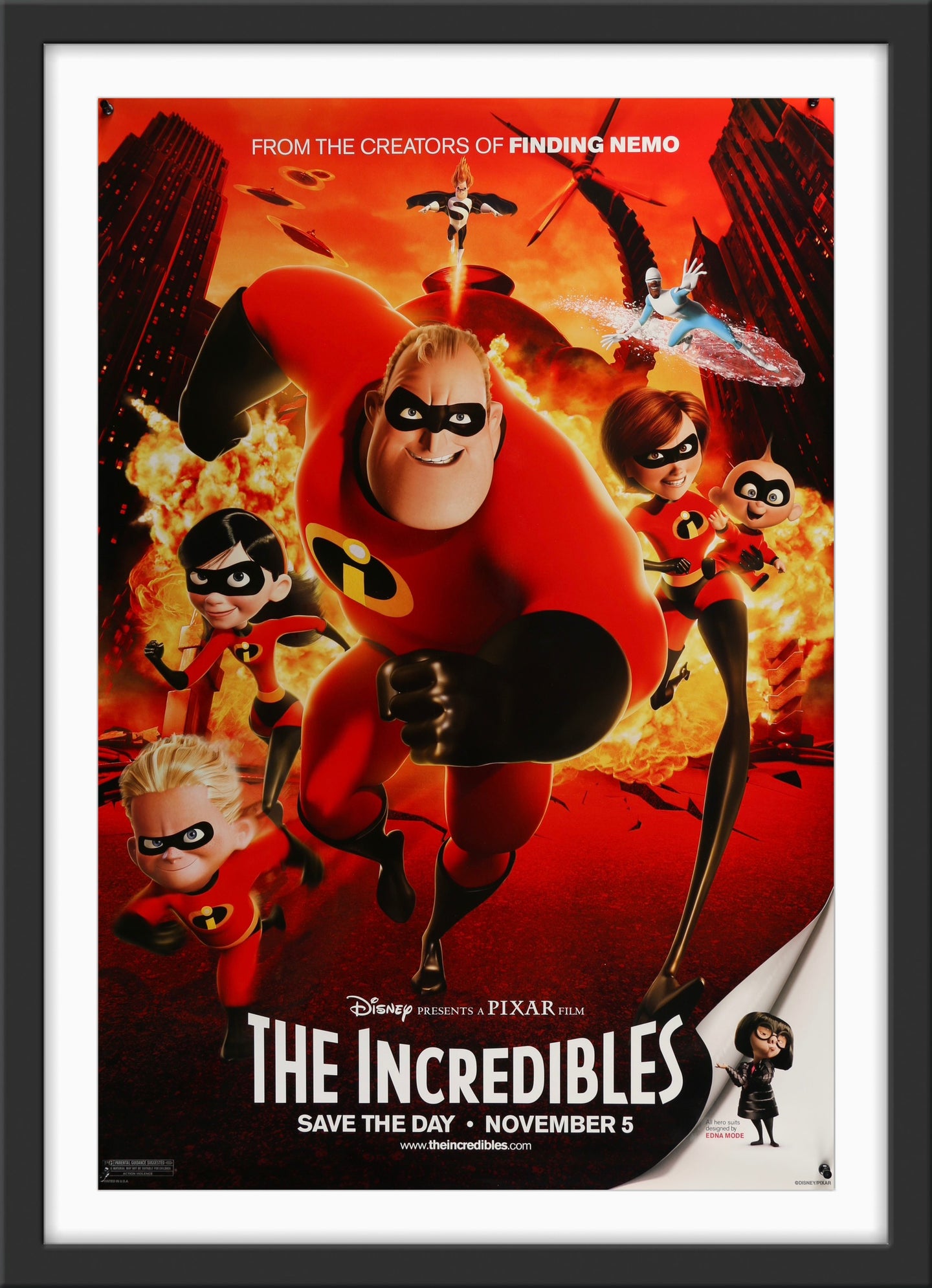 An original movie poster for the Disney Pixar film The Incredibles
