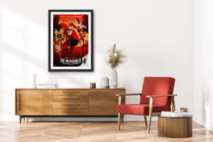 An original movie poster for the Disney Pixar film The Incredibles