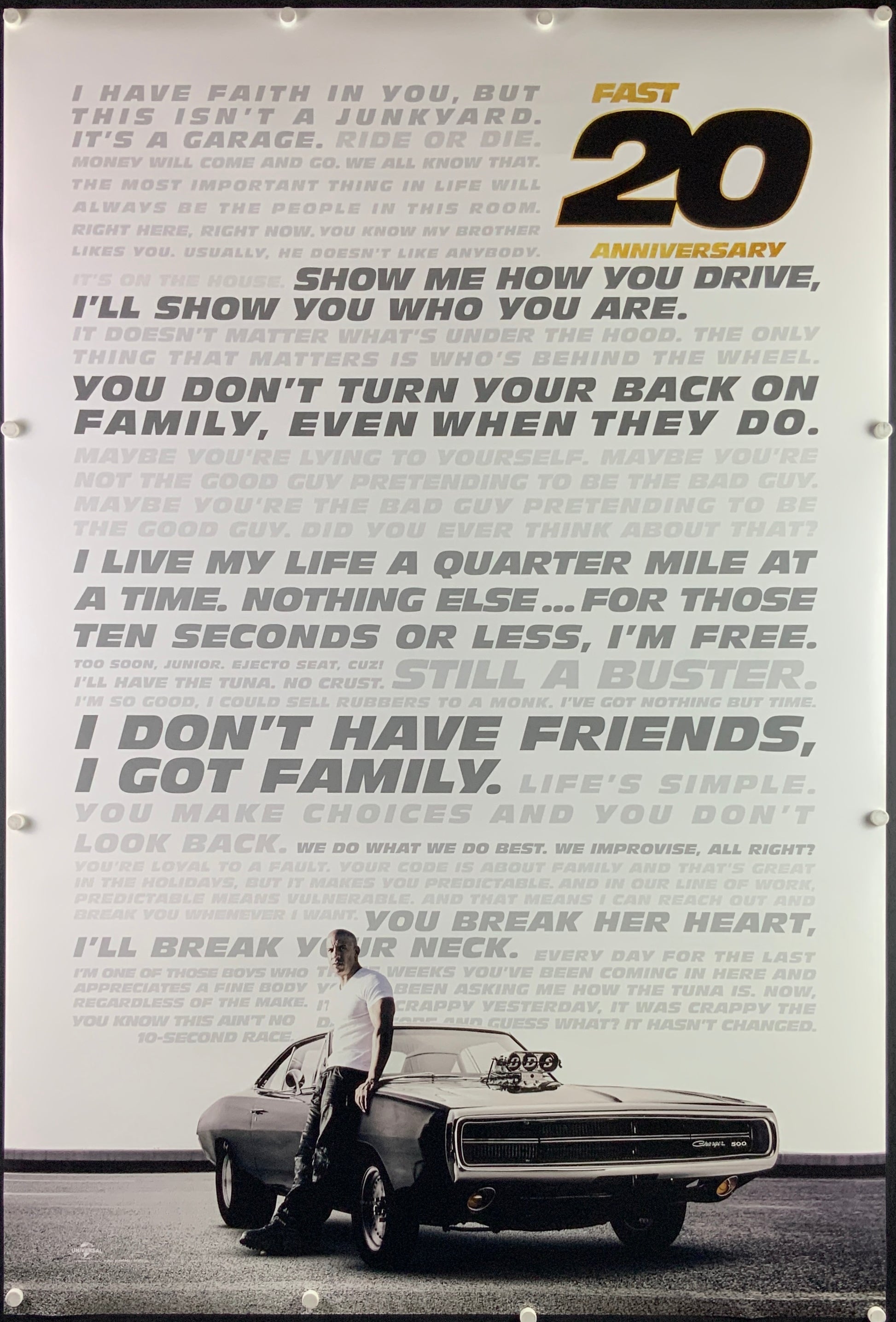 An original movie poster for the twentieth anniversary release of 2001's The Fast and the Furious