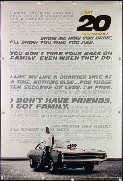 An original movie poster for the twentieth anniversary release of 2001's The Fast and the Furious