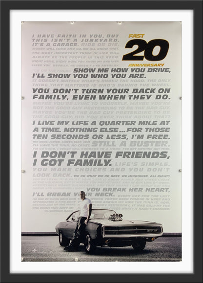 An original movie poster for the twentieth anniversary release of 2001's The Fast and the Furious