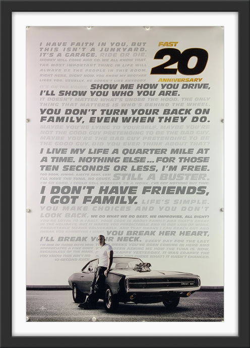 An original movie poster for the twentieth anniversary release of 2001's The Fast and the Furious