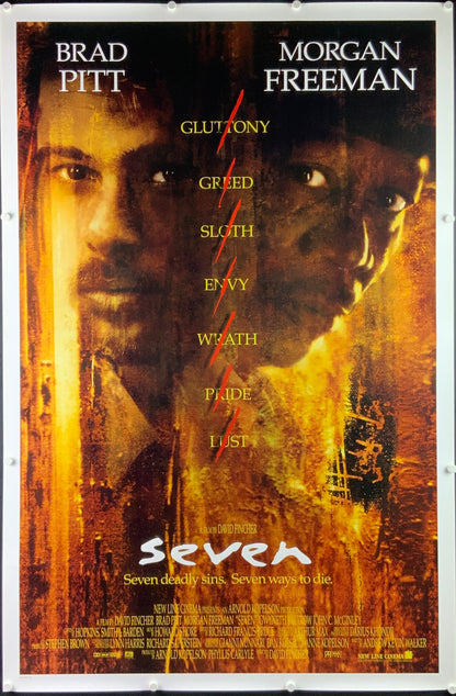 An original movie poster for the Brad Pitt and Morgan Freeman film Seven