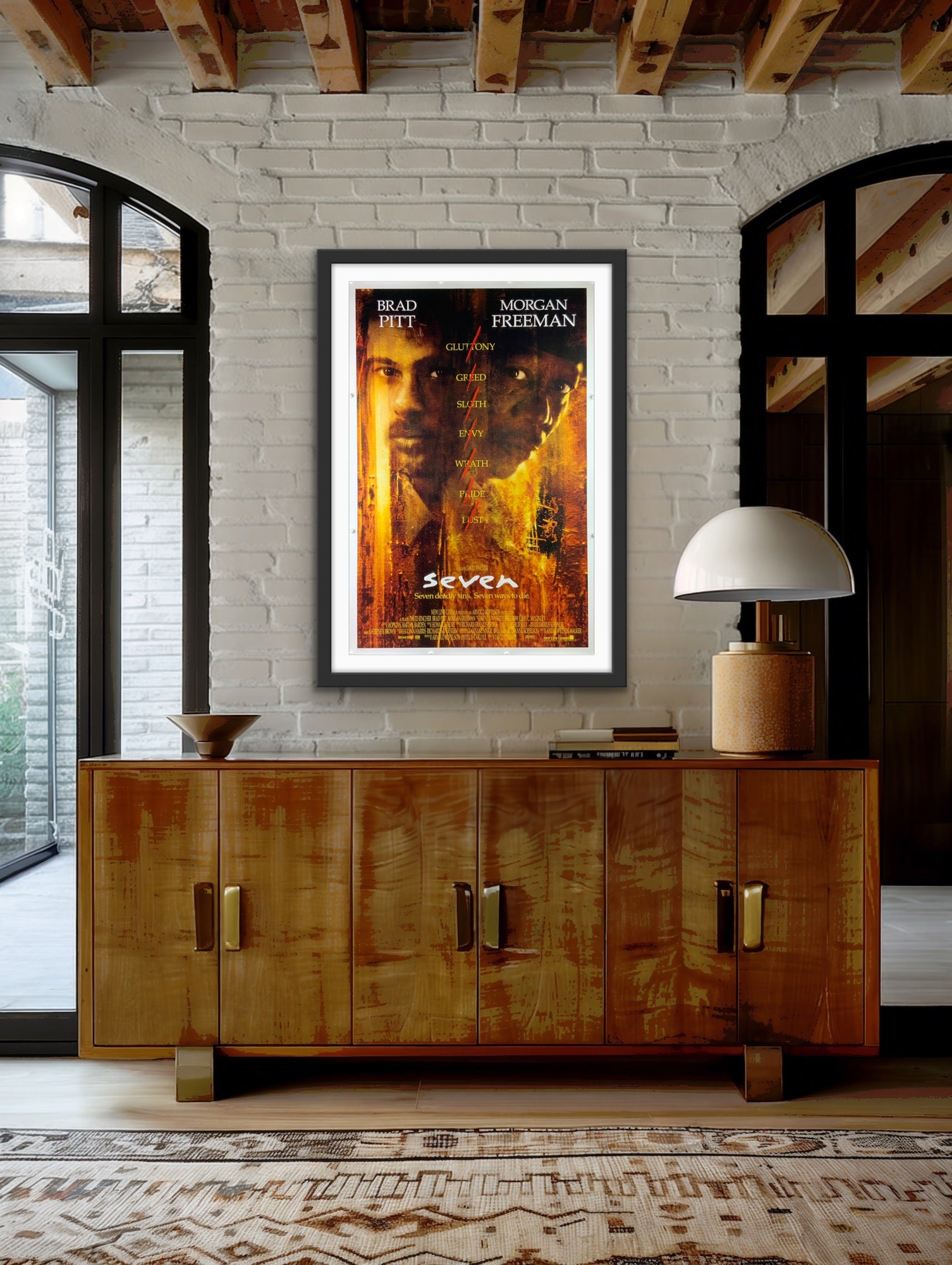 An original movie poster for the Brad Pitt and Morgan Freeman film Seven