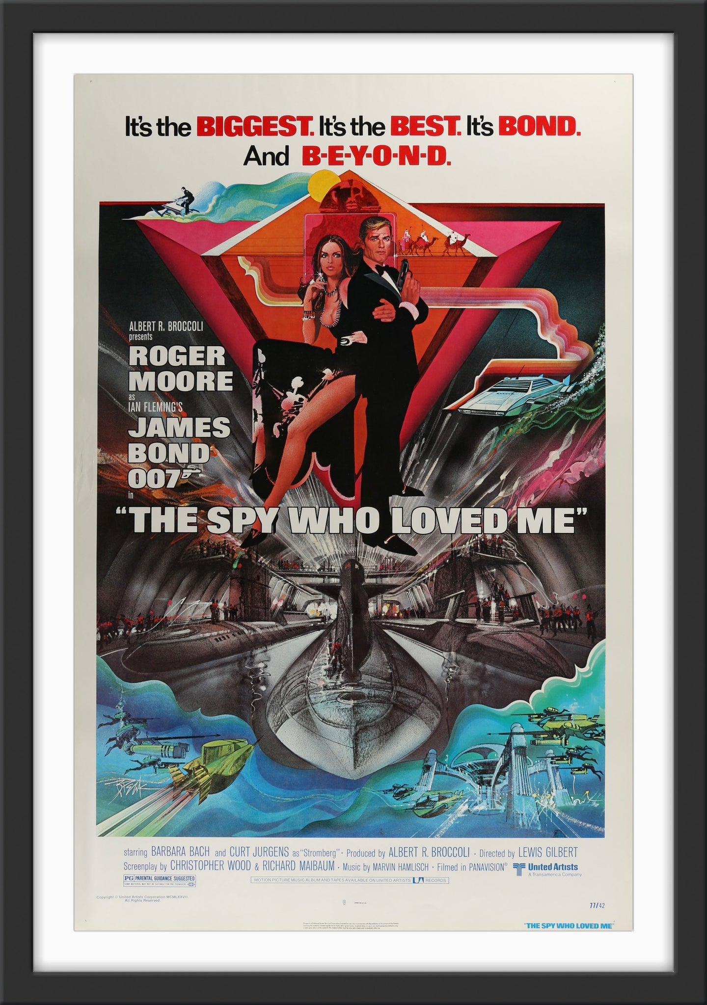 An original movie poster with artwork by Bob Peak for the James Bond film The Spy Who Loved Me