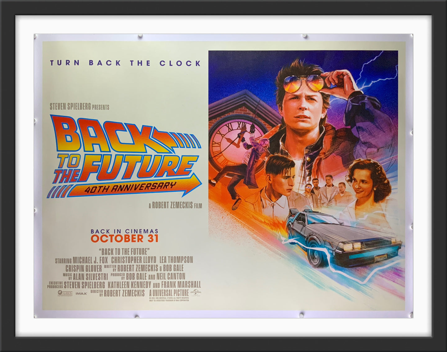 An original movie poster for the fortieth anniversary release of Back To The Future
