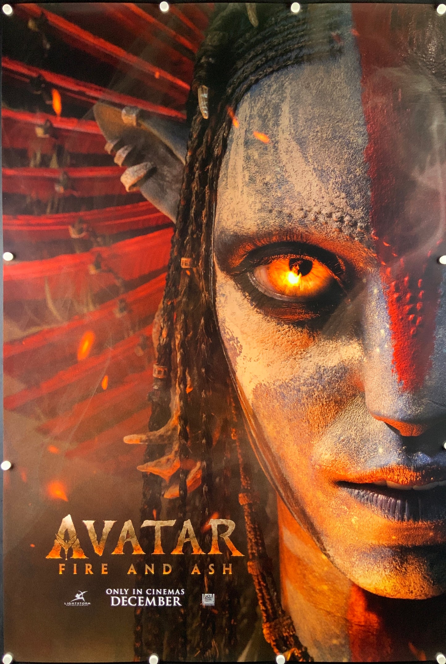 An original one sheet teaser movie poster for the James Cameron film Avatar Fire and Ash