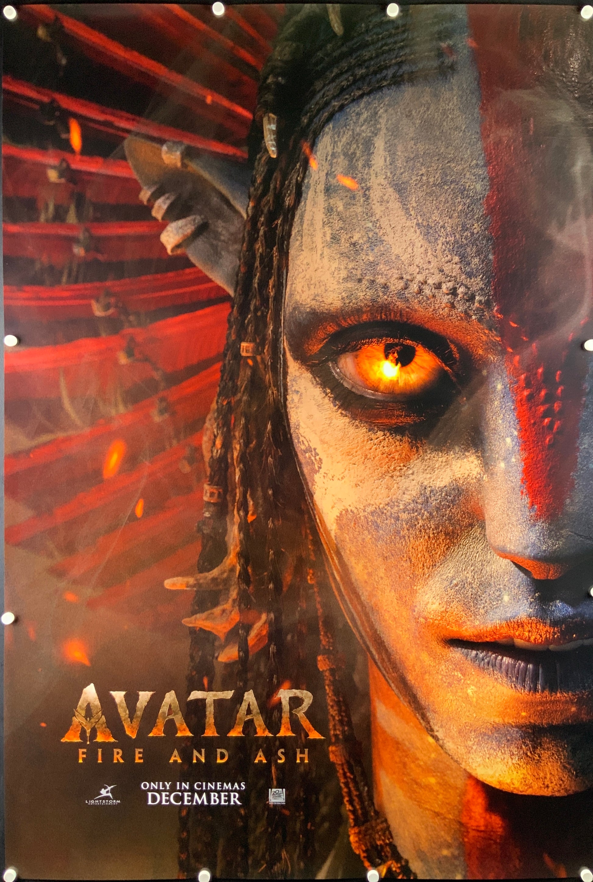 An original one sheet teaser movie poster for the James Cameron film Avatar Fire and Ash