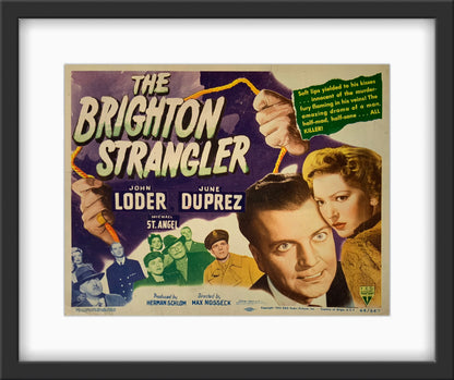 An original and framed 11x14 lobby card for the film The Brighton Strangler