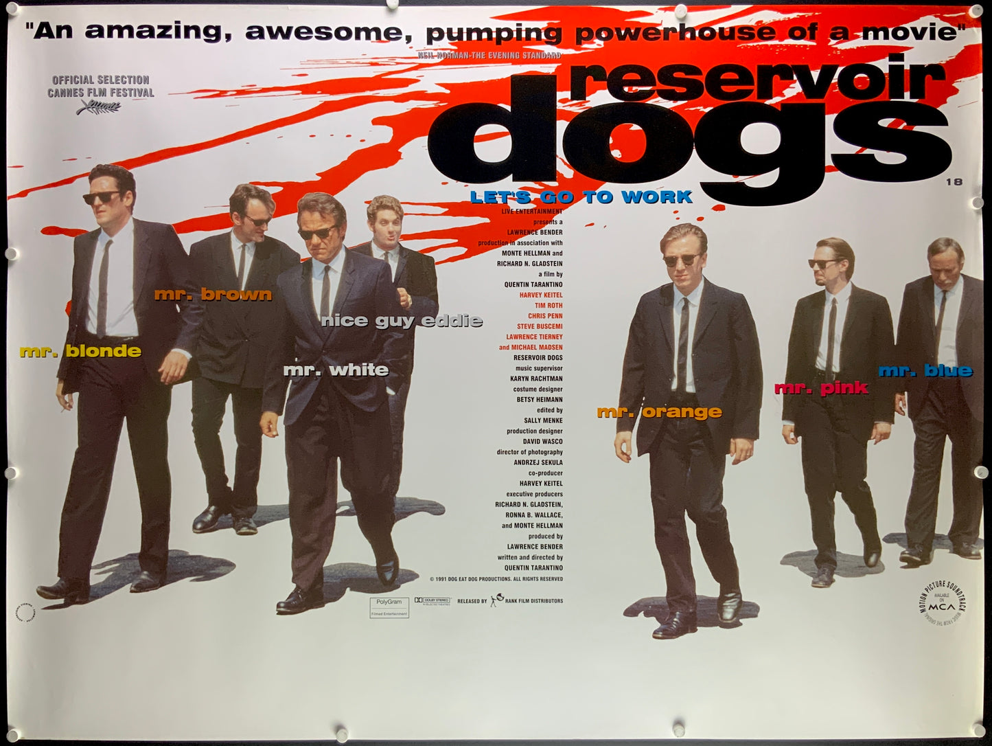 An original UK quad movie poster for the Quentin Tarantino film Reservoir Dogs