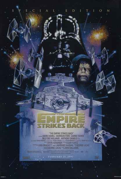 An original movie poster for the Star Wars film The Empire Strikes Back with art by Drew Struzan