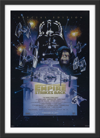 An original movie poster for the Star Wars film The Empire Strikes Back with art by Drew Struzan
