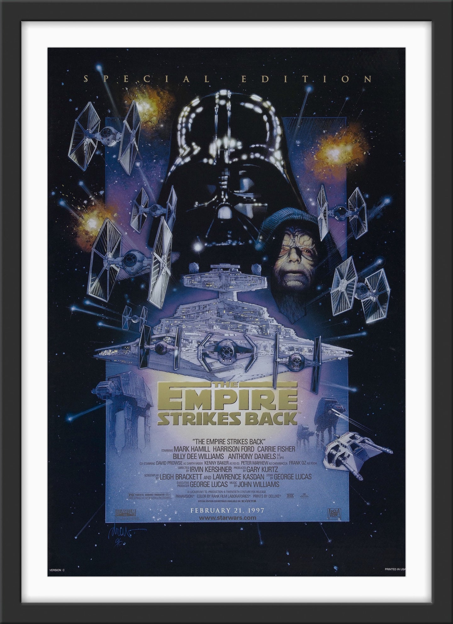 An original movie poster for the Star Wars film The Empire Strikes Back with art by Drew Struzan