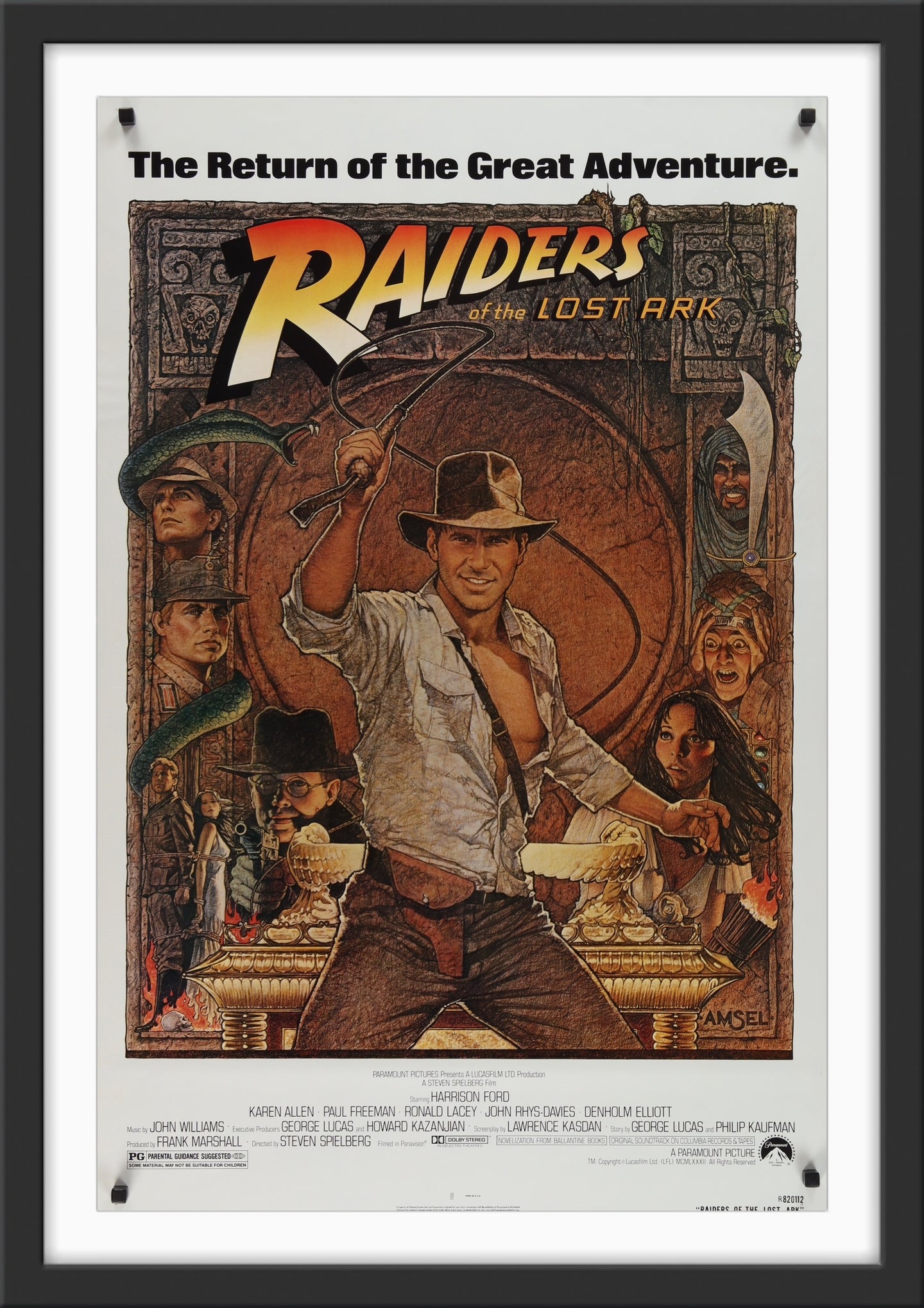 An original movie poster with artwork by Richard Amsel for the film Raiders of the Lost Ark