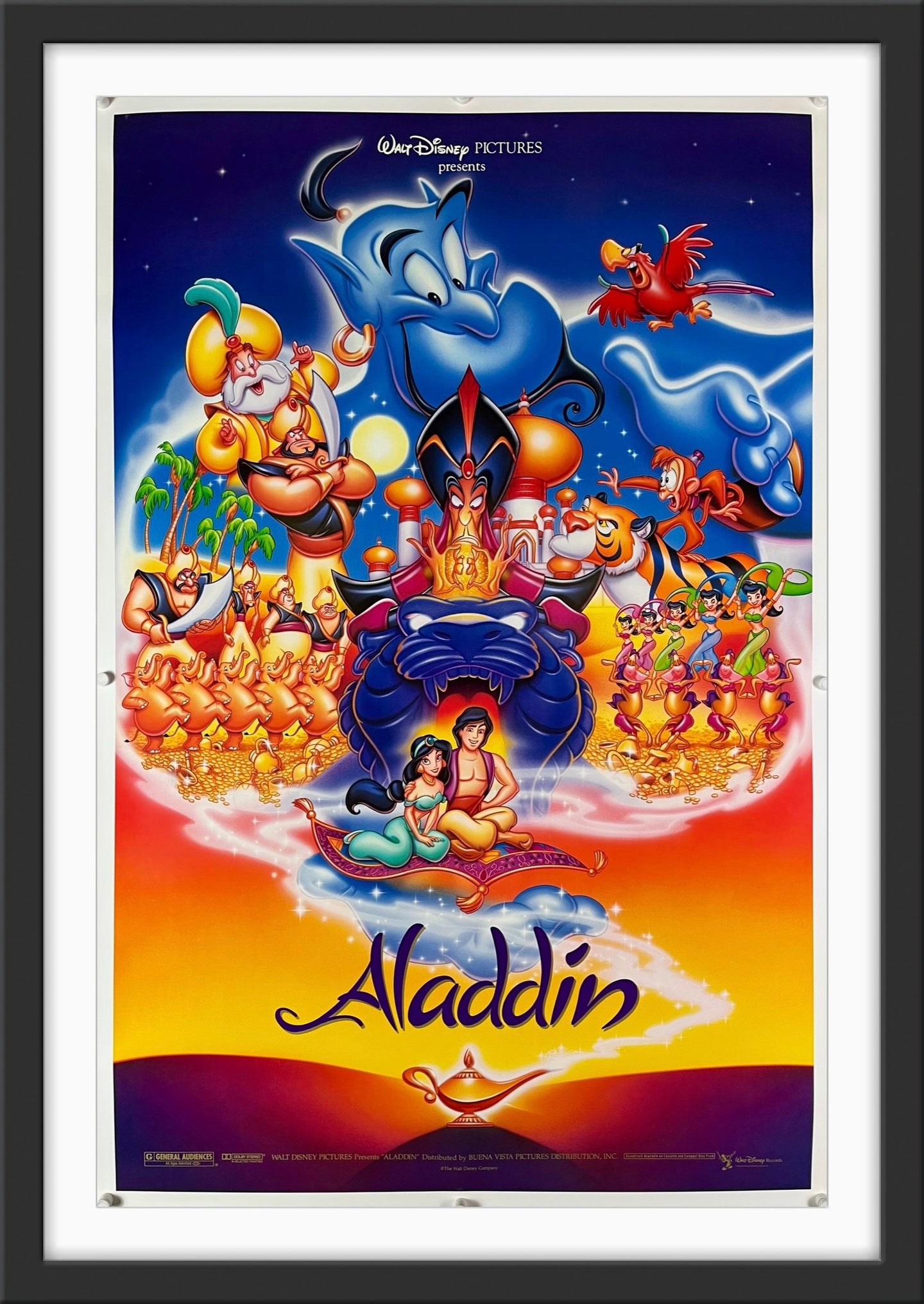 An original movie poster for the 1992 Disney film Aladdin